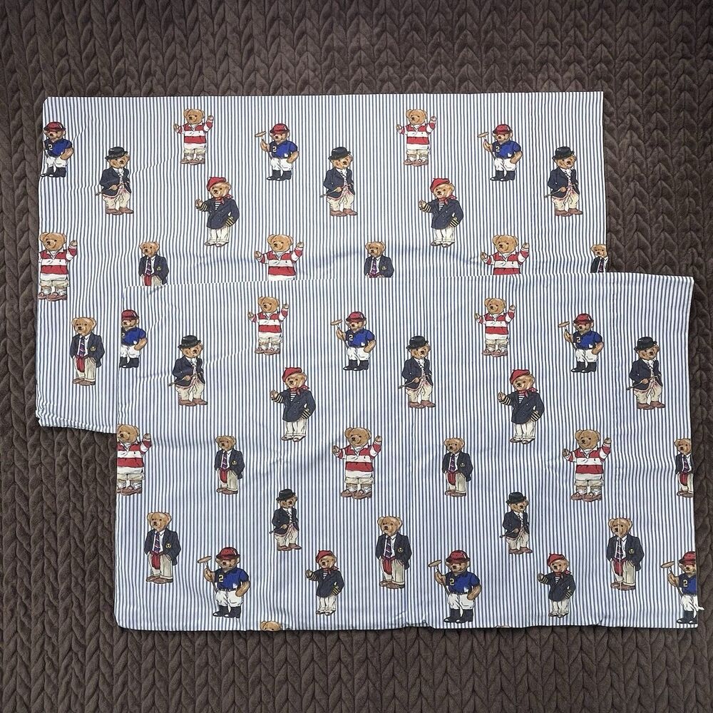 Vintage Polo Ralph Lauren Set of 2 Pillowcases Polo Bear Preppy Standard 19x30